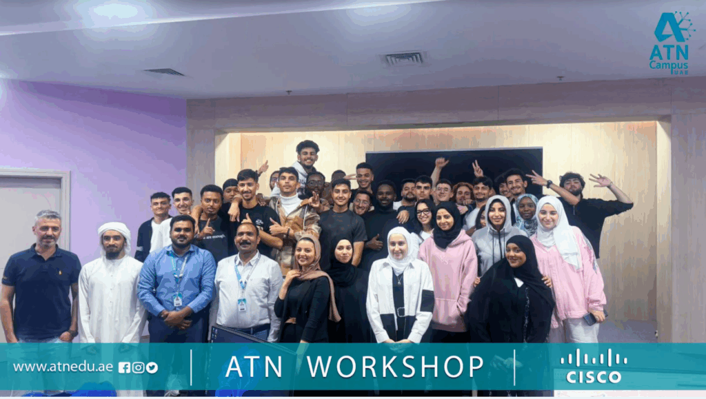 Active Tech Networks (ATN) hands-on networking workshop in Dubai – students practicing CCNA, CCNP, and Fortinet labs with real Cisco equipment
