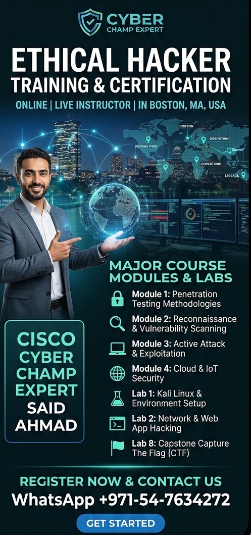 Cisco Ethical Hacker Training Course Boston MA USA Online Certification with Saeed Ahmad +971547634272