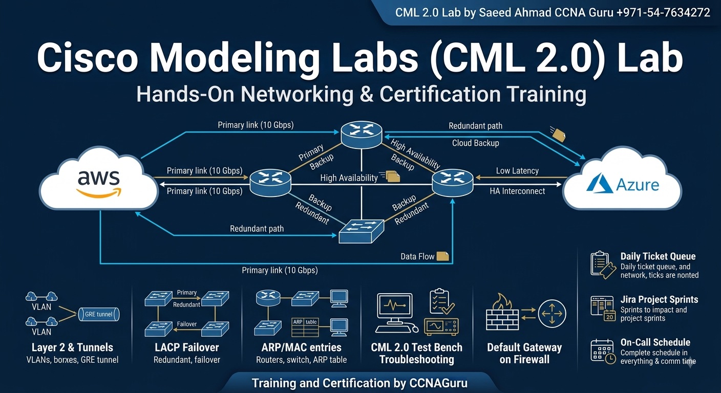 Cisco Modeling Labs (CML) network topology setup by NetAcad Master Trainer Saeed Ahmad for CCNP and CCNA 2.0 students in Dubai, Sharjah, and Ajman.
